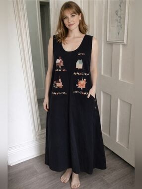 Vintage Cottage Cove Folkart Overall Grannycore Jumper Maxi  Dress Navy. Size XL